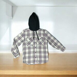 NoBo Mens Small Button Up Flannel Hooded Shacket Shirt Plaid 34-36 Off White Sm